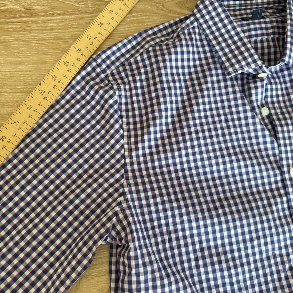 J.Crew Large NEW Performance Slim Button Up‎ Long Sleeve Shirt Navy Plaid Office